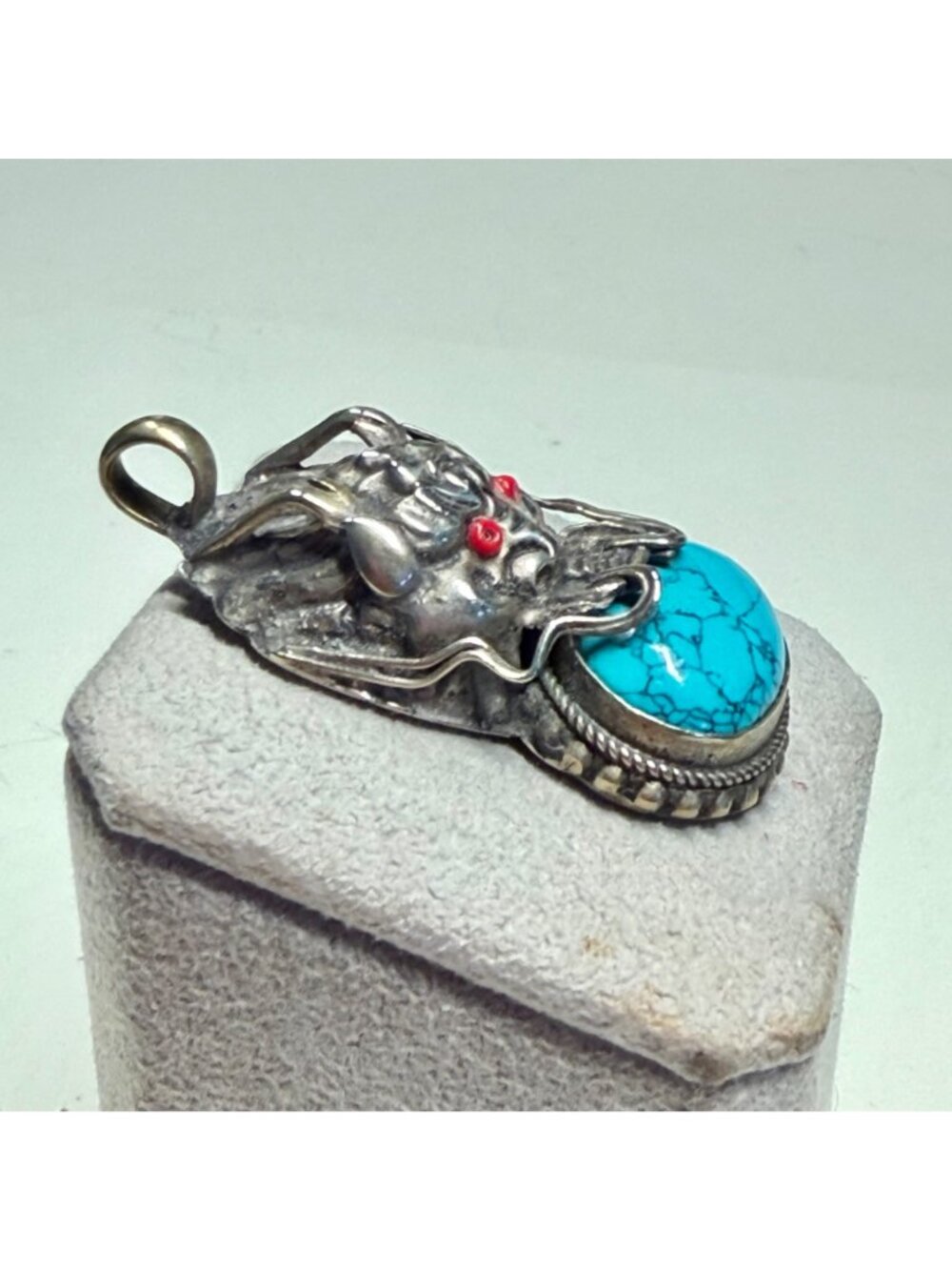 Dragon Pendant Silver Tone Blue Cabochon Red Eyes Gothic Fantasy 1.75" - Picture 8 of 11